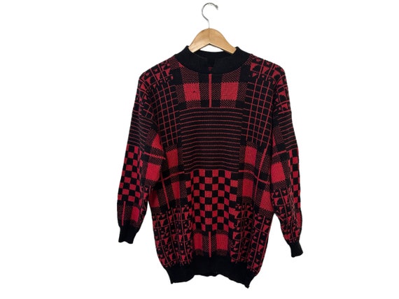 80s Mixed Plaid Patterned Knit Pullover Sweater University of Georgia Red Black Long Sleeve Mock Neck Collared Size Large XL