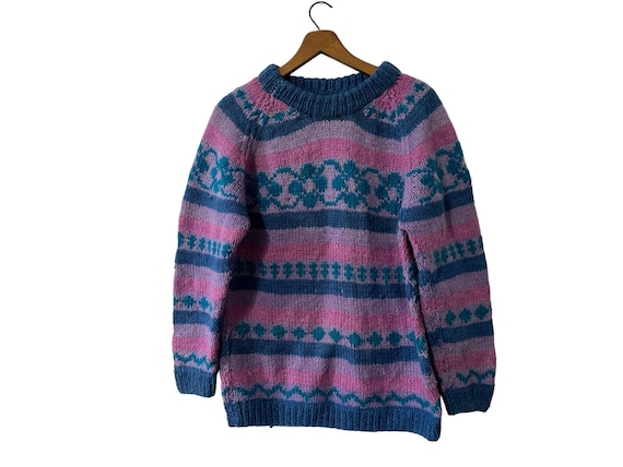Purple Fair Isle Wool Thick Warm Pullover Vintage Heavy Knit Sweater Jumper