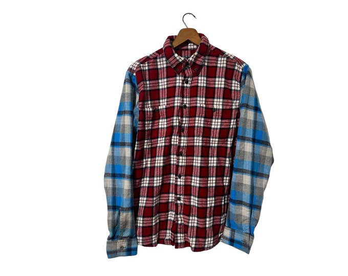 Mixed Plaid Cotton Flannel Shirt Red White Sky Blue Black Button Down Pockets Long Sleeve Adult Size Medium