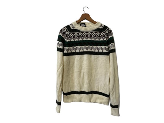 80s Vintage Celleni Knit Collection Fair Isle Pattern Pullover Sweater Long Sleeve Off White Hunter Green and Brown Unisex Large
