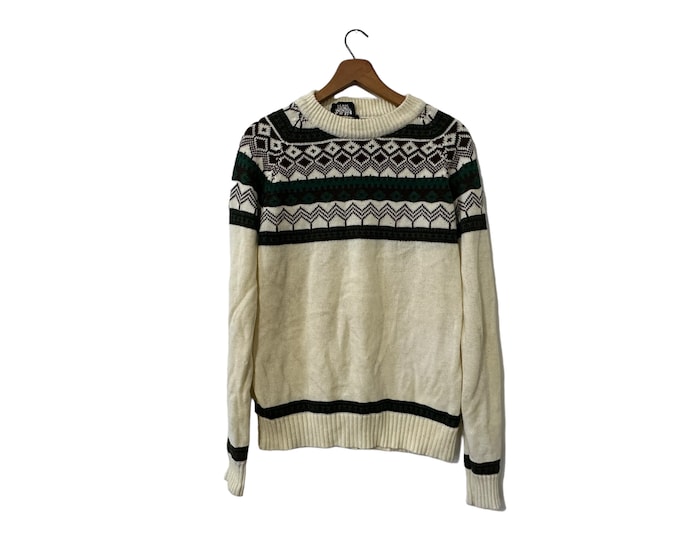 80s Vintage Celleni Knit Collection Fair Isle Pattern Pullover Sweater Long Sleeve Off White Hunter Green and Brown Unisex Large