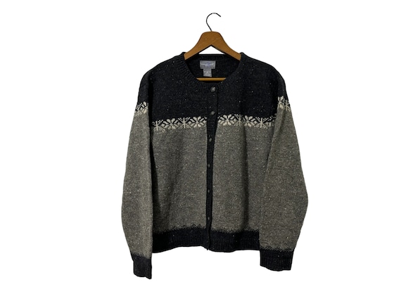 Simple Winter Cardigan Carroll Reed Vintage Fair Isle Lambs Wool Button Sweater Gray and White Womens Petite Large