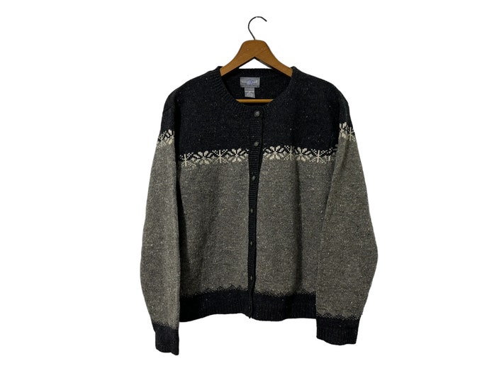 Simple Winter Cardigan Carroll Reed Vintage Fair Isle Lambs Wool Button Sweater Gray and White Womens Petite Large