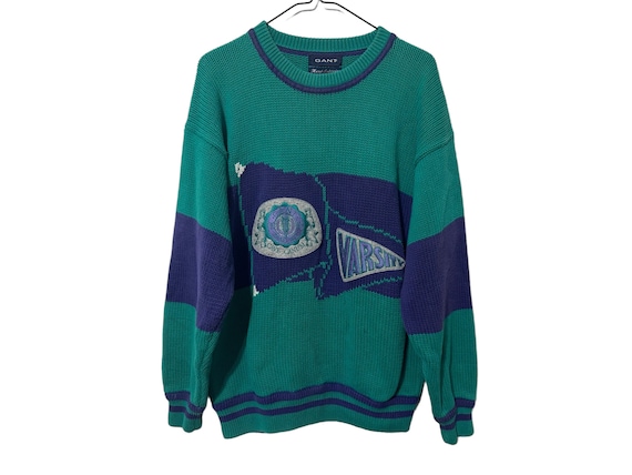 90's Varsity Sweater Purple & Teal Knit Greek Letters Cave Canum Gant Knit Hand Intarsia Vintage Sweater