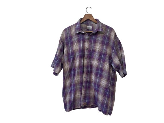 Short Sleeve Plaid Flannel Shirt Summer 90s Purple Beige Cotton Mens Medium Large