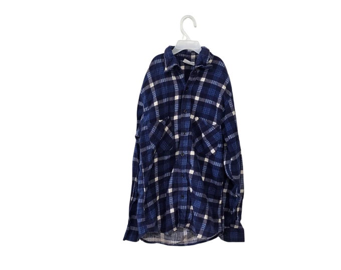 80s 90s Basic Edition Long Sleeve Flannel Shirt Front Pockets Royal Navy Blue White Plaid Cotton Button Down Kids Boy's Size Medium 12/14