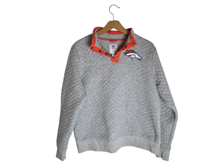 Denver Broncos Football Quilted Pullover Sweatshirt with Collar Soft Gray Women's Large