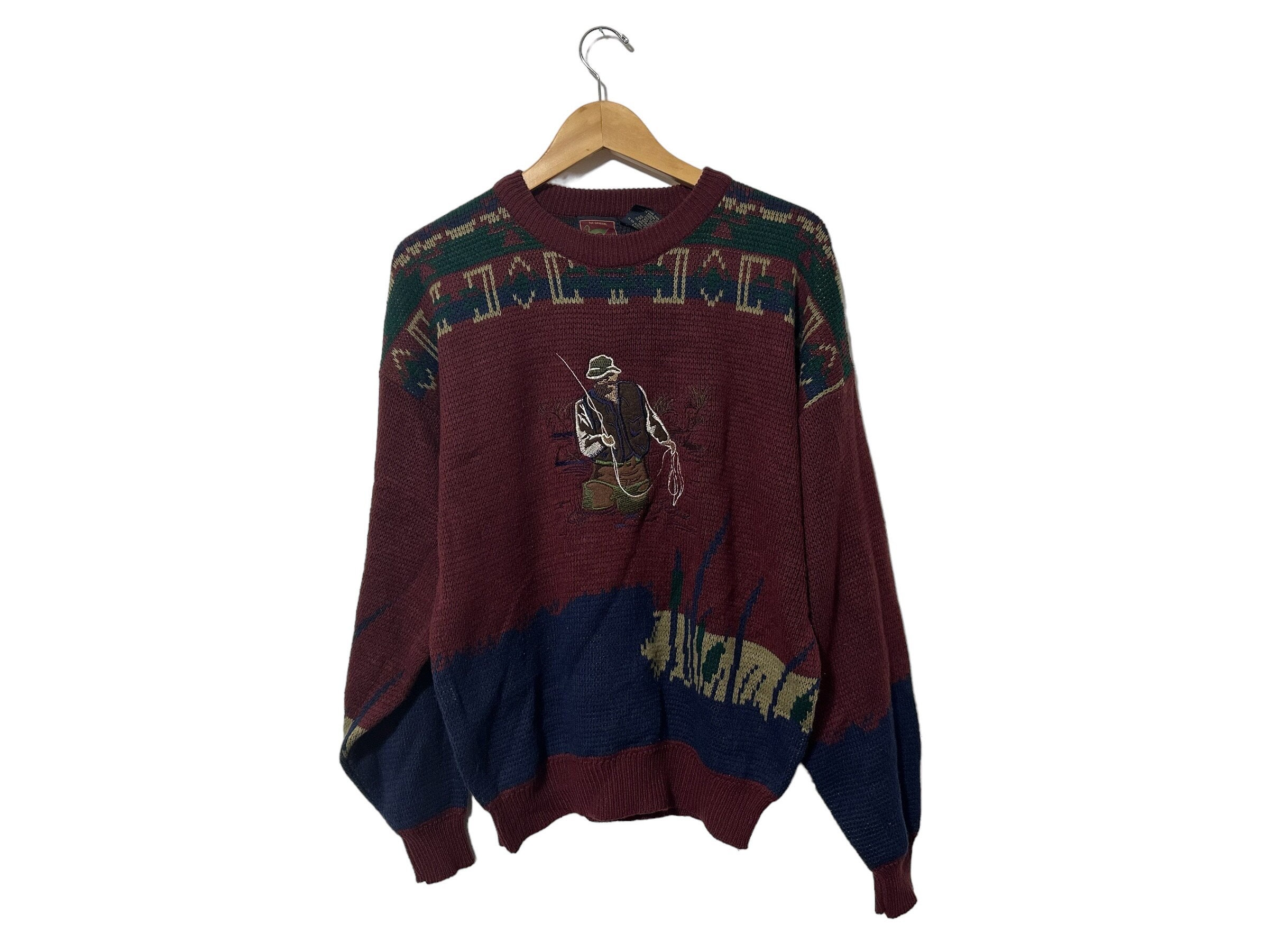 Vintage Fly Fishing Sweater Mens Size XL Duxbak Burgundy 90s Pullover  Fishing Sweater