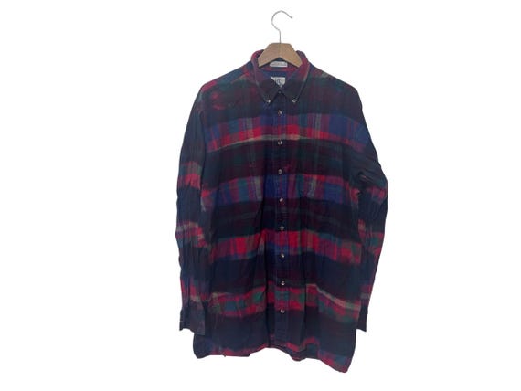 Black Dyed Abstract Plaid Flannel Shirt Red Blue Cotton Button Down Size Large Tall LT