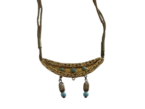 Vintage Hammered Crescent Collar Necklace with Blue Beading and Rope Clasp