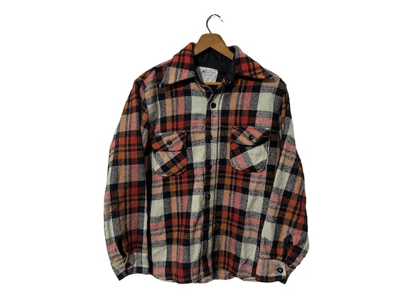 Evermore Flannel Wool Blend Outdoors 70s Vintage Kmart Plaid Shirt Orange Black White Small