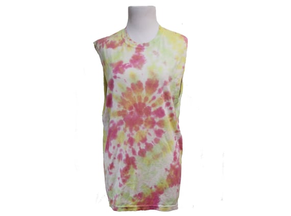 Tie Dye Muscle Tee Tank Top Open Arm Athletic Tank Pink Yellow Dyed Size Medium