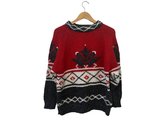 80s Vintage Knit Wool Blend Pullover Oversized Sweater Red Gray White Canada Design Women's Small