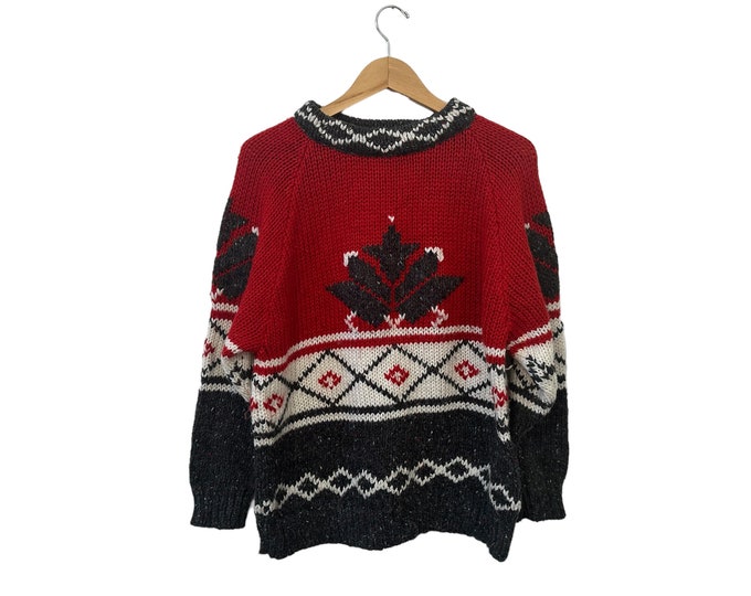 80s Vintage Knit Wool Blend Pullover Oversized Sweater Red Gray White Canada Design Women's Small