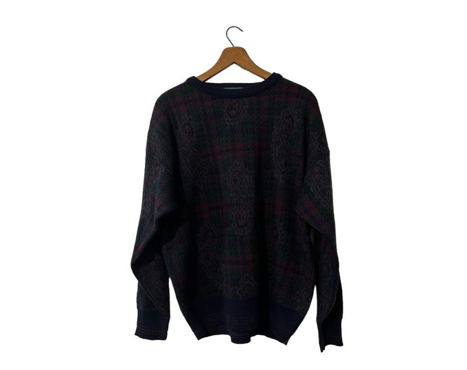Dark Paisley Saville Row Vintage Pullover Sweater Blue Gray Burgundy Green Men's Medium