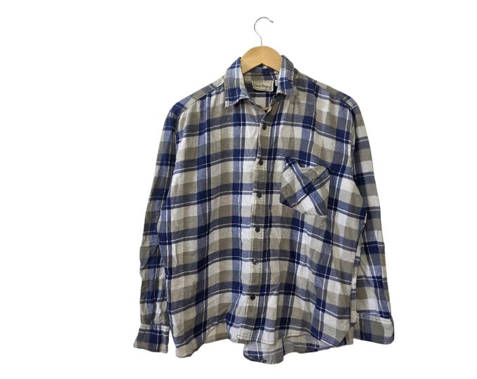 Open Trails Plaid Vintage 80s Button Flannel Shirt Blue Tan White 100% Cotton Front Pocket Made in South Africa Unisex Large