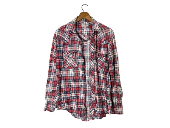 80's Supreme Vintage Grunge Work Casual Plaid Flannel Shirt Long Sleeve Red White Blue Yellow Size Medium Defective Pearl Snap Buttons