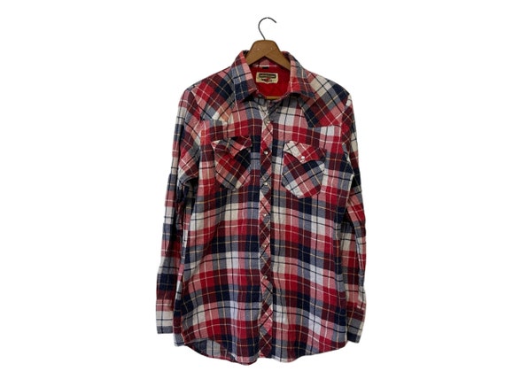 Vintage 70s Western Pearl Snap Button Flannel Shirt Red White Blue Authentic Western Youngbloods Size Small Medium