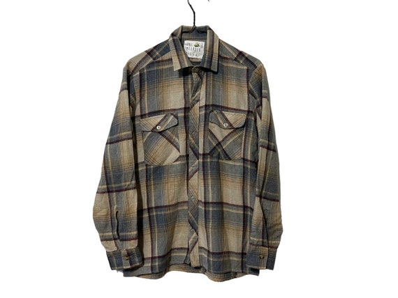 Vintage Tan Blue/Gray Plaid Flannel Size Small Acrylic Blend Shirt