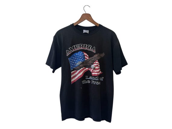 America Land of the Free Black Vintage T-shirt 90s American Flag and Eagle Graphic Tee Shirt Medium Distressed Grunge Tshirt