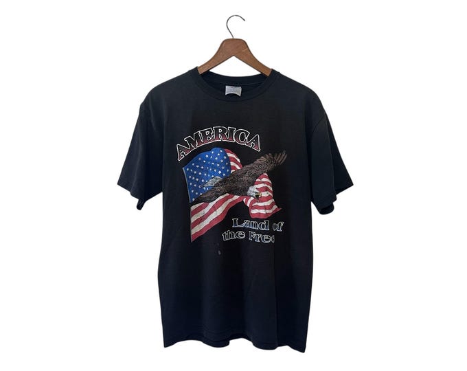 America Land of the Free Black Vintage T-shirt 90s American Flag and Eagle Graphic Tee Shirt Medium Distressed Grunge Tshirt