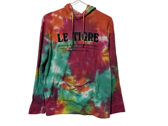 Vintage 80s 90s Le Tigre Tie Dye Hoodie Sweatshirt with Pouch Size Medium