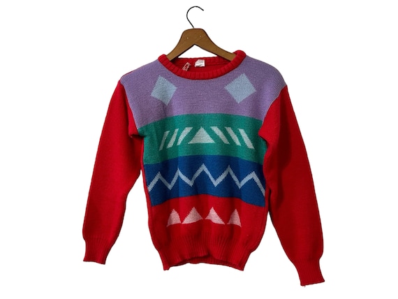 80's Girls Vintage Color Block Striped Abstract Geometric Patterned Pullover Knit Sweater Kids Size Large