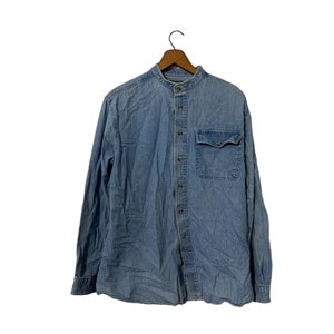 Vintage Nehru Collar Denim Casual Button Down Flannel Shirt Chambray Longsleeve Size Medium
