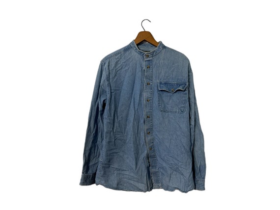 Vintage Nehru Collar Denim Casual Button Down Flannel Shirt Chambray Longsleeve Size Medium