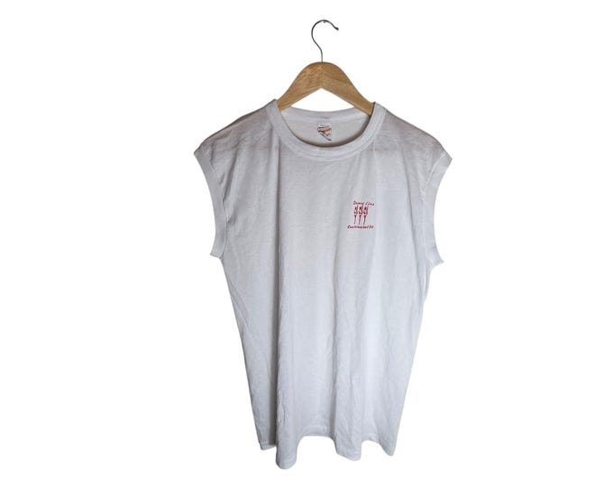 Vintage 1988 Dance Line Centennial T Shirt, 80s Pacer USA Sleeveless Drill Team Majorette Graphic Muscle Tee, White with Red Trim Size XL