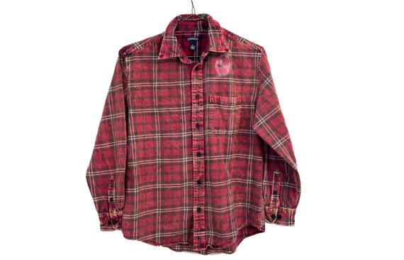 Red Acid Washed Distressed Grunge Flannel Shirt Size Medium