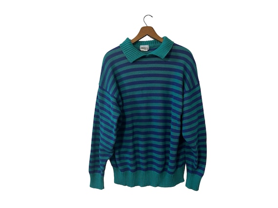 Vintage 80's Saks Fifth Avenue Teal & Blue Horizontal Striped Cotton Pullover Sweater Long Sleeve Collared Made in England Unisex Adult XL