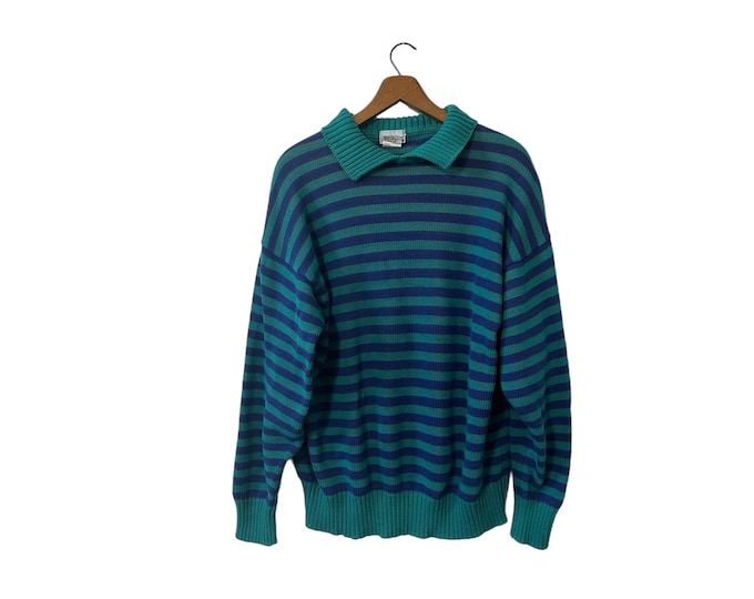 Vintage 80's Saks Fifth Avenue Teal & Blue Horizontal Striped Cotton Pullover Sweater Long Sleeve Collared Made in England Unisex Adult XL