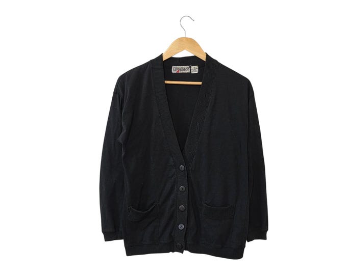 Vintage 90s Upward Black Button Front Cardigan Sweater Style V Neck Two Pocket Size Medium Women