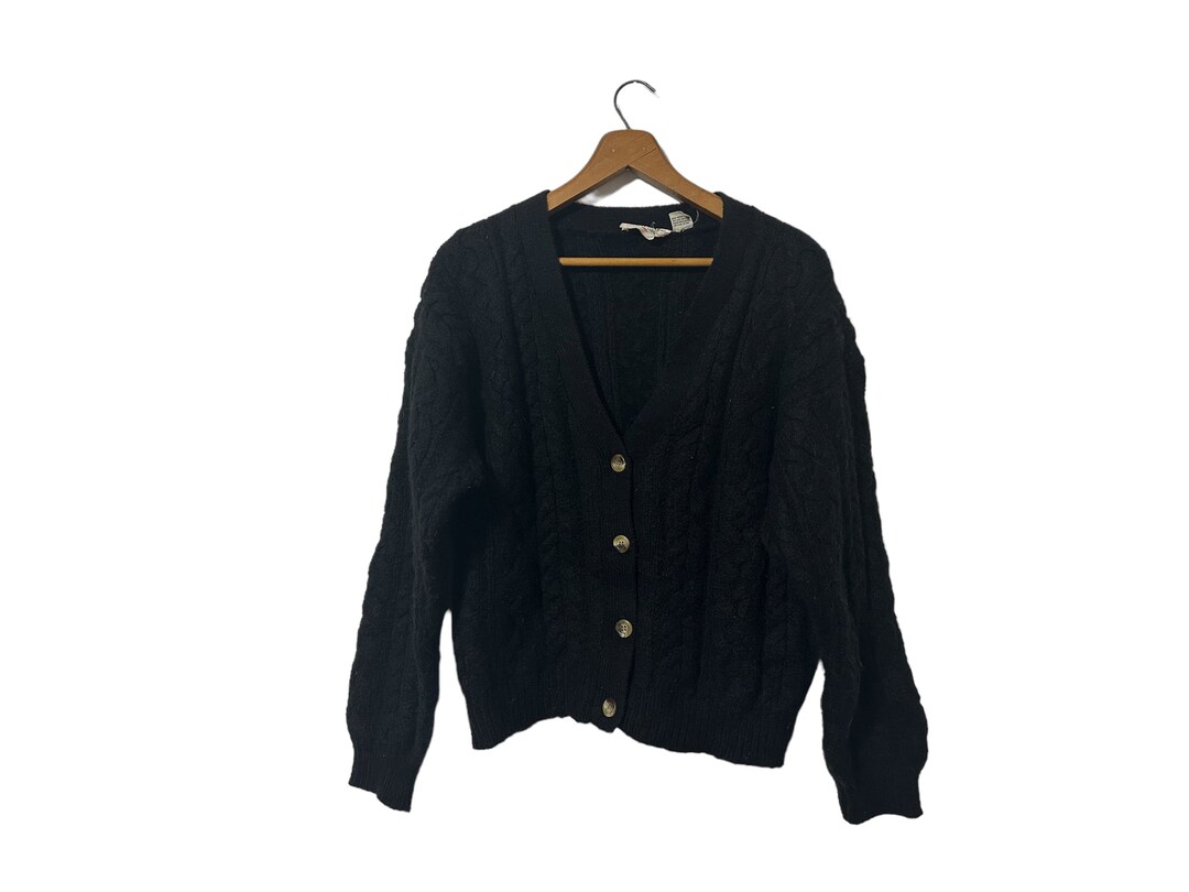 Black Vintage Cable Knit Cardigan Sweater 80s 90s Women's Large Etsy