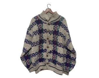 Thick Wool Button Down Sweater Jacket Heavy Warm Plaid Winter Cardigan Handknit in Ecuador Size Medium