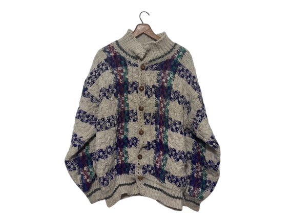 Thick Wool Button Down Sweater Jacket Heavy Warm Plaid Winter Cardigan Handknit in Ecuador Size Medium