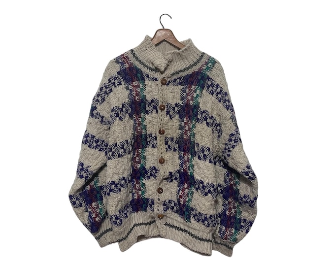 Thick Wool Button Down Sweater Jacket Heavy Warm Plaid Winter Cardigan Handknit in Ecuador Size Medium
