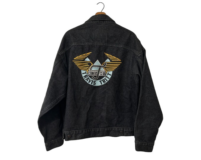 Vintage Travis Tritt Country Club Black Denim Cotton Embroidered Jacket with Chest Pockets
