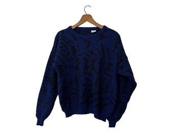 80s Abstract Vivid Blue & Black Pullover Knit Sweater Long Sleeve Unisex Adult Large