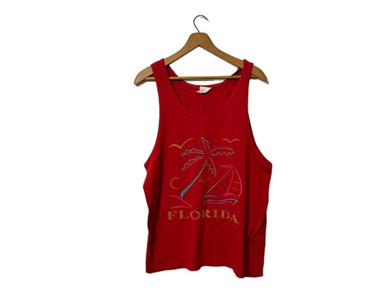 80’s Vintage Florida Beach Tank Top SURF Sail Red Beachwear Sleeveless Top Adult Medium