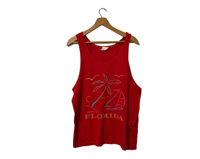 80’s Vintage Florida Beach Tank Top SURF Sail Red Beachwear Sleeveless Top Adult Medium