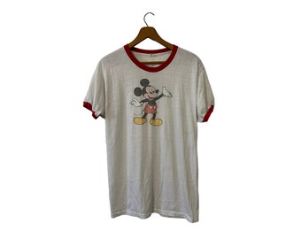 1980's Mickey Mouse Vintage Short Sleeve Ringer T Shirt White Red Trim DUB Printed on Back Unisex Large