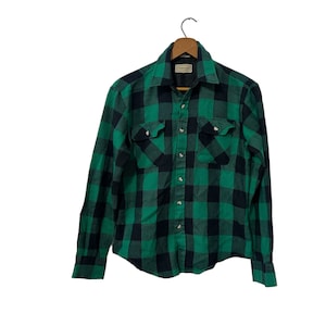 80&#39;s Kids Flannel Vintage Buffalo Checkered Plaid Button Down Acrylic Long Sleeve Pockets Green and Black Boy&#39;s Large