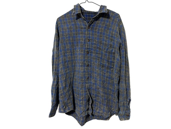 Extra Soft Stone Washed Flannel Shirt Blue Gray Worn Vintage Button Down Grunge 90s Plaid Shirt