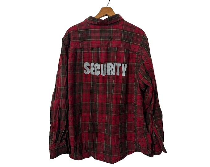 SECURITY Red Brown Plaid Flannel Shirt Long Sleeve Button Down Pockets Size XXL 2X