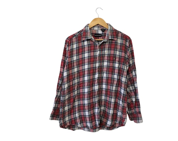 Vintage Botany 500 Cotton Flannel Button Shirt Front Pocket Red Green Black White 80s Vintage Casual Grunge Size Large Mens Unisex