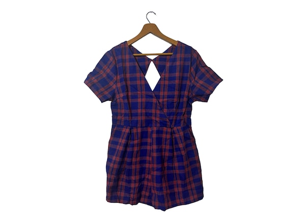 Blue Plaid Diamond Back Romper with Short Sleeves Navy Pleated V Neck Jumper Women Medium
