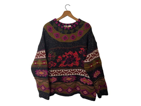 Vintage Ivy Fair Isle Floral Patterned Thick Knit… - image 1