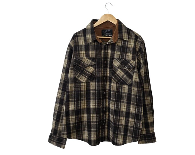 Jachs New York Outdoor Purveyors Heavyweight Button Flannel Brown Tan Dark Brown Plaid Front Two Pockets Size XXL Mens
